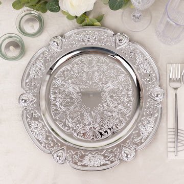 Elevate Your Table Settings with Silver Floral Embossed Acrylic Charger Plates