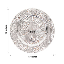 Acrylic silver rock cut charger plates with the measurements of 13 inches and 8.5 inches