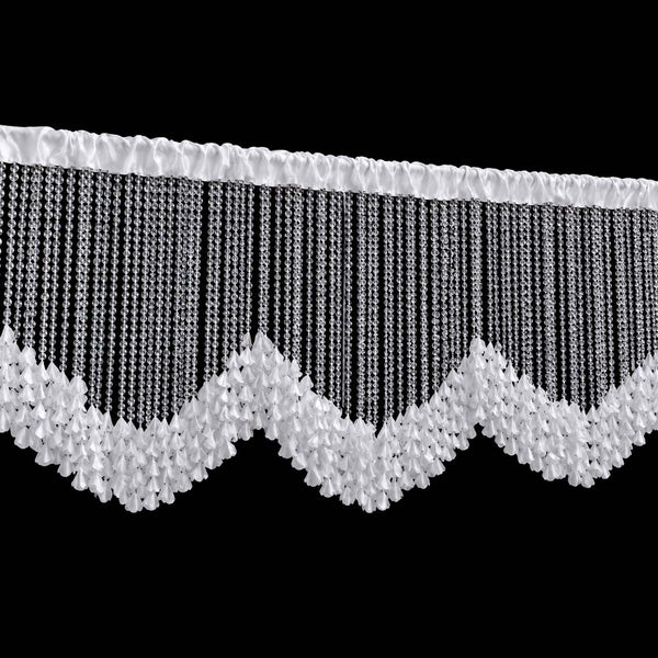 White crystal bead fringe chandelier with scalloped fabric trim