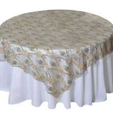 72 Inch x 72 Inch Champagne Satin Sequin Floral Lace Table Overlay Square