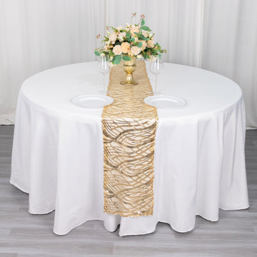 Elegant Champagne Wave Mesh Table Runner with Embroidered Sequins