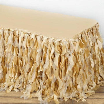 Create Unforgettable Memories with Our 14ft Champagne Curly Willow Taffeta Table Skirt