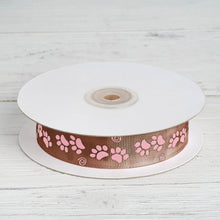 Chocolate Brown Pink Paw Print Satin Ribbon 25 Yards 7/8"