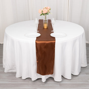 Elevate Your Event with the Cinnamon Brown Seamless Smooth Satin Table Runner