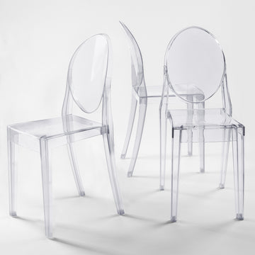 4 Pack Stackable Clear Acrylic Ghost Banquet Chairs with Oval Back, Fully Assembled Armless Event Accent Chair