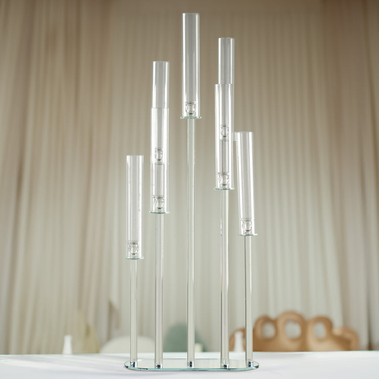 47inch Clear Crystal 7-Arm Cluster Wedding Aisle Candlestick Stand With Hurricane Shades