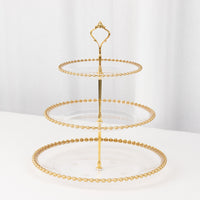 Clear 3-Tier Round Plastic Cupcake Tower Stand with Gold Beaded Rim, Dessert Display Tea Party Serving Platter With Top Handle - 14" Tall