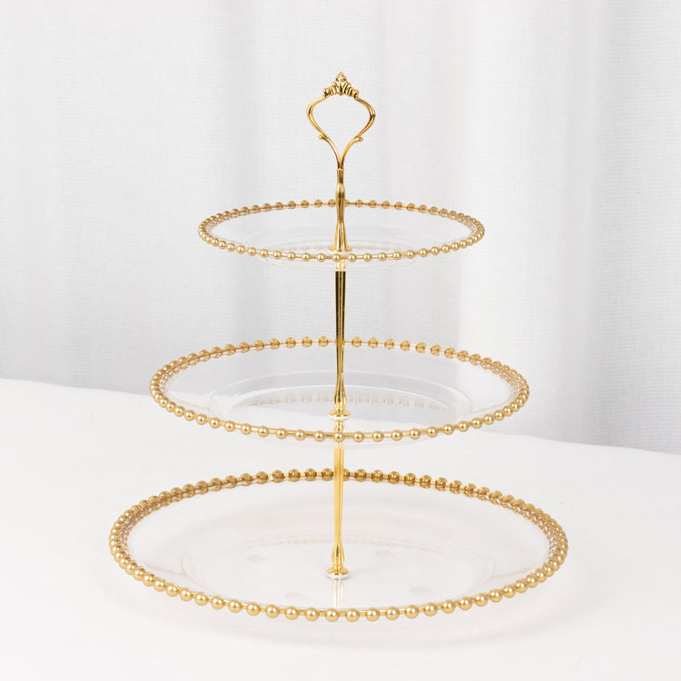 Clear 3-Tier Round Plastic Cupcake Tower Stand with Gold Beaded Rim