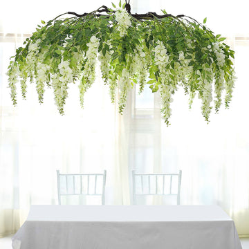 Cream Artificial Silk Wisteria Vine Round Hanging Canopy, Draping Garland Flower Chandelier With Interchangeable Branches 55"