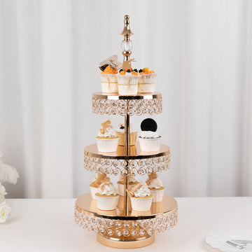 <strong>3-Tier Crystal Beaded Gold Metal Cupcake Stand</strong>