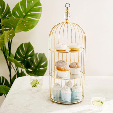 Crystal Top 3-Tier Bird Cage Cupcake Cake Stand, Serving Tray With Option To Hang - Mirror Base 22"