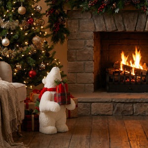 Cozy Christmas fireplace with decorated tree and polar bear holiday decor