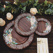 25 Pack Brown Rustic Wood Print 13inch Paper Charger Plates With Floral Lace Rim