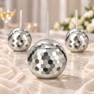 12 pack silver disco ball cup with lid and clear straw on white background
