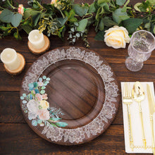 25 Pack Brown Rustic Wood Print 10inch Paper Dinner Plates With Floral Lace Rim, Round Disposable