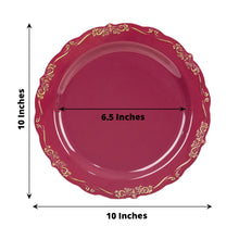 10 Pack | 10inch Burgundy With Gold Vintage Rim Hard Plastic Dinner Plates With Embossed Scalloped