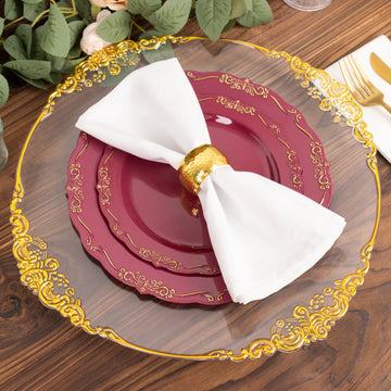 Convenience and Style Combined - Burgundy With Gold Vintage Rim Hard Plastic Dinner Plates