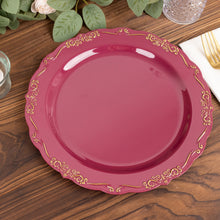 10 Pack | 10inch Burgundy With Gold Vintage Rim Hard Plastic Dinner Plates With Embossed Scalloped
