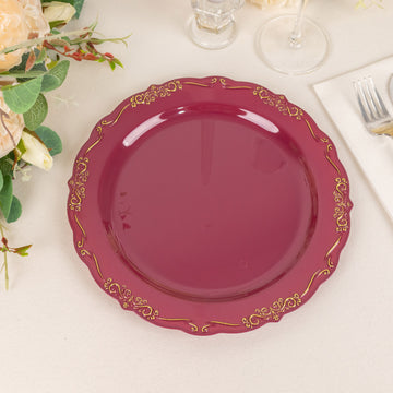 Burgundy With Gold Vintage Rim Hard Plastic Dinner Plates - Add Elegance to Your Special Events