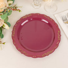 10 Pack | 10inch Burgundy With Gold Vintage Rim Hard Plastic Dinner Plates With Embossed Scalloped
