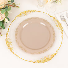 10 Pack | 10inch Taupe With Gold Vintage Rim Hard Plastic Dinner Plates With Embossed
