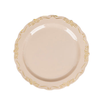 Elegant Taupe With Gold Vintage Rim Hard Plastic Dessert Plates