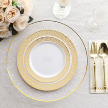 10 Pack White Plastic Dinner Plates With Beige Gold Spiral Rim, Round Disposable Party Plates 10"