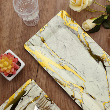 Versatile and Convenient Ivory/Gold Marble Serving Trays