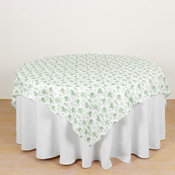Dusty Sage Green Floral Polyester Square Table Overlay, Wrinkle Free Seamless Table Topper 70"