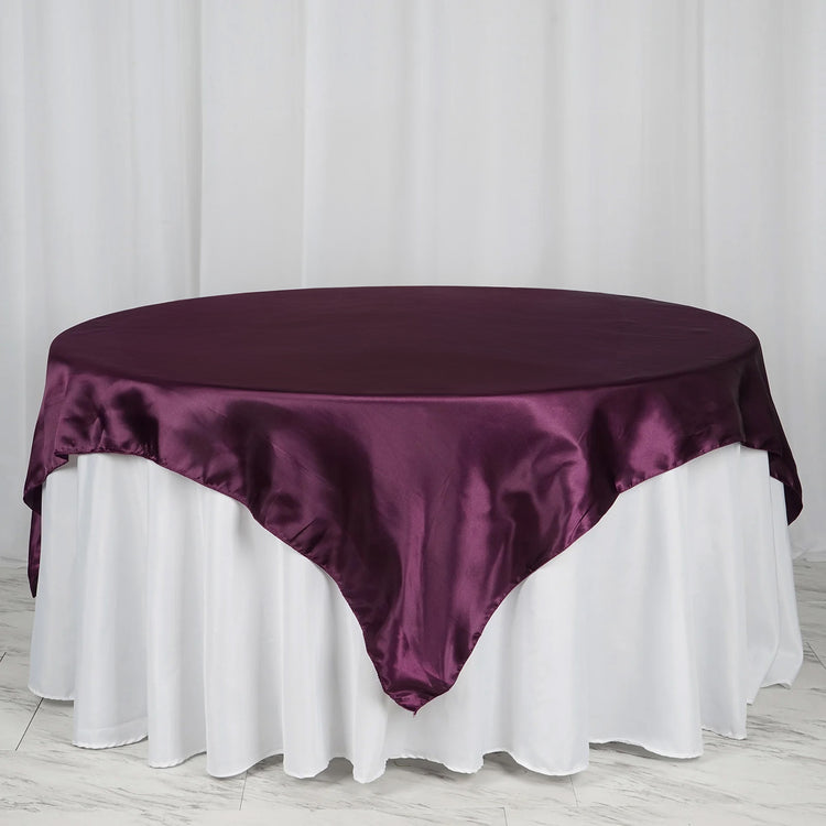 72 Inch x 72 Inch Eggplant Seamless Satin Square Tablecloth Overlay