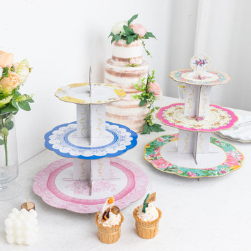 2 Pack 3-Tier Floral Cardboard Dessert Pedestal Display With Scalloped Edges, Round Tea Party Cupcake Stand 14"