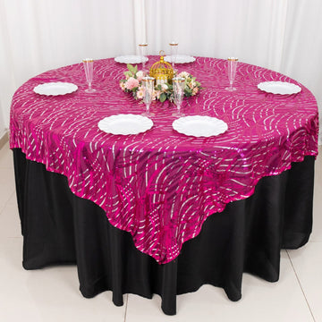 Experience Luxury and Durability with the Fuchsia Silver Wave Mesh Square Table Overlay