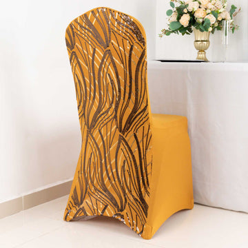 Elevate Your Event with the Stunning Gold Black Spandex Stretch Banquet Chair Cover