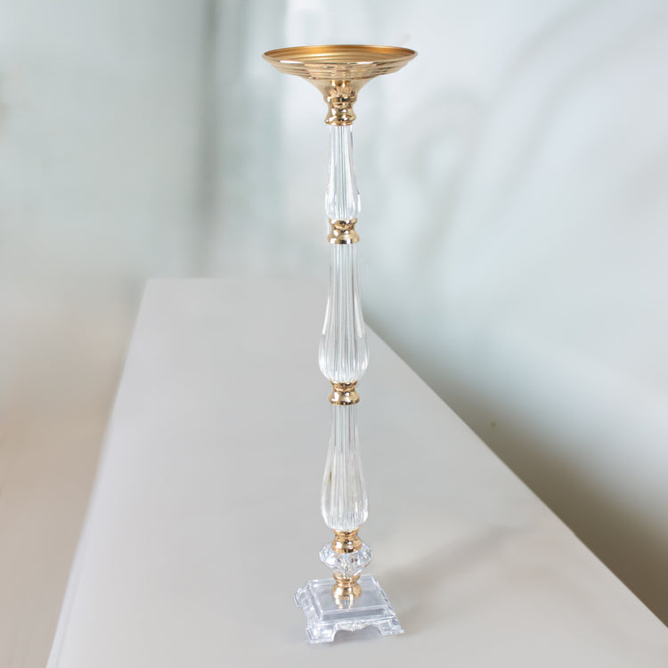 Table Centerpiece In Acrylic Crystal & Gold Metal Pillar Candle Stand 32 Inch