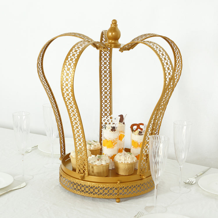 Gold Metal Crown Cupcake Dessert Display Stand, Princess Tiara Wedding Cake Stand - 12inch