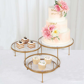 3-Tier Gold Metal Cupcake Stand With Clear Round Acrylic Plates, Dessert Cake Display Holder 23"