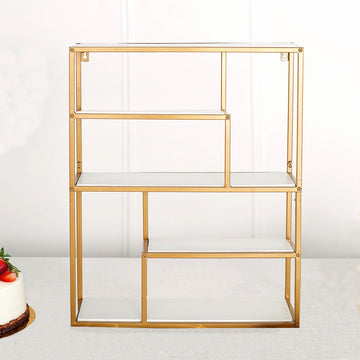Gold Metal 4-Tier Dessert Cupcake Stand, Wall Hanging Shelf Display Rack, Book Shelf With White Wood Panels 22"