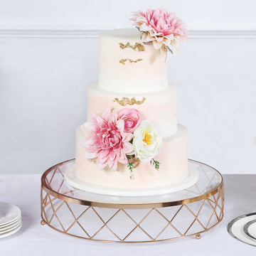 Gold Metal Geometric Diamond Cut Cake Stand, Dessert Display Riser with Glass Top 14"