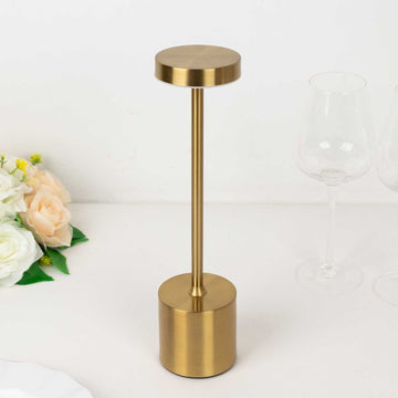 Gold Metal Rechargeable Modern Cordless Table Lamp With Touch Control, Dimmable LED Desk Lamp Night Light with Solid Cylinder Base - 13" Tall