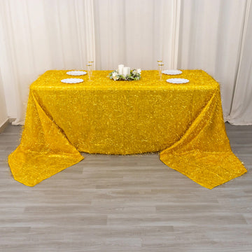 Elevate Your Event Decor with the Gold Metallic Fringe Shag Tinsel Rectangle Polyester Tablecloth
