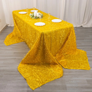Experience Luxury Living with the Gold Metallic Fringe Shag Tinsel Rectangle Polyester Tablecloth
