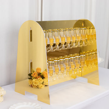 Gold Mirror Finish 2-Tier Wine Glass Stemware Rack, 18 Champagne Flute Holder Foam Board Stand - 25"