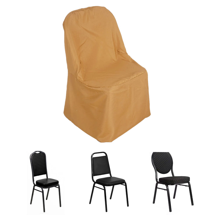 Banquet polyester chair cover in gold color, with measurements 17 inches wide, 18 inches deep, 19 in