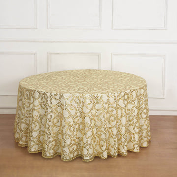 Gold Sequin Leaf Embroidered Seamless Tulle Round Tablecloth, Sheer Table Overlay 120"