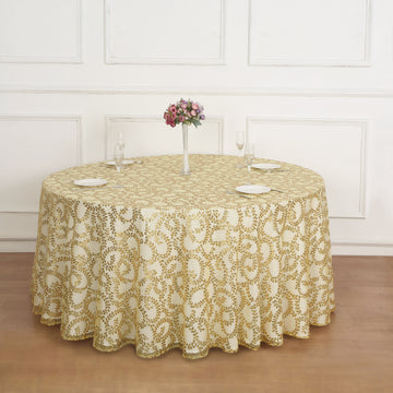 Gold Sequin Leaf Embroidered Seamless Tulle Round Tablecloth, Sheer Table Overlay 120"