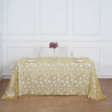Captivating Gold Sequin Leaf Embroidered Tulle Rectangular Tablecloth