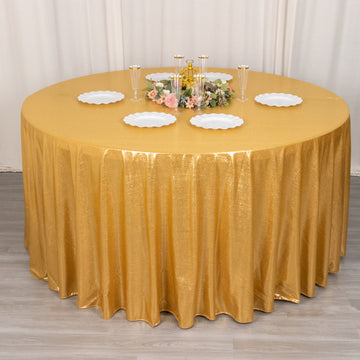 Experience Elegance with the Gold Shimmer Sequin Dots Polyester Tablecloth