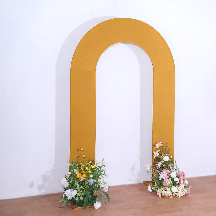 8ft Gold Spandex Fitted Open Arch Backdrop Cover, Double-Sided U-Shaped Wedding Arch Slipcover