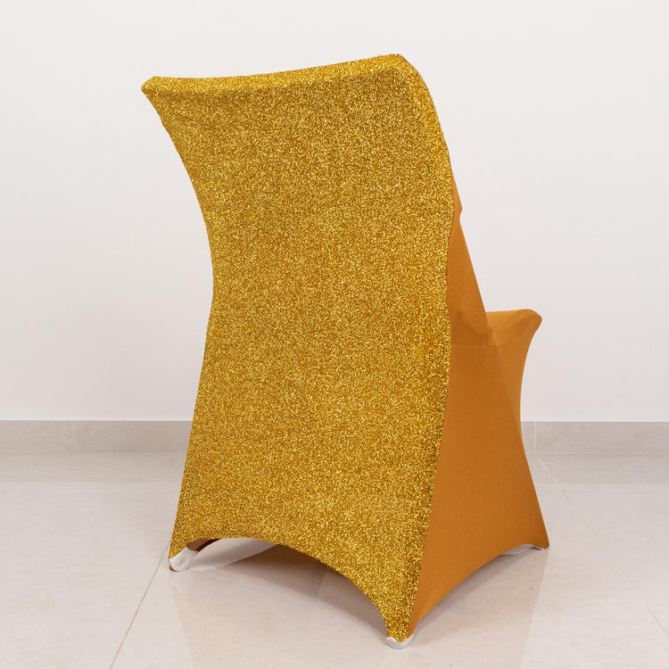 Folding Spandex Fitted Chair Cover in Gold Color, made of 4-way Stretch Spandex, measures 36 inches 