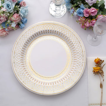 25 Pack Gold / White Vintage Style Paper Serving Plates, Heavy Duty Disposable Charger Plates 350GSM 13"